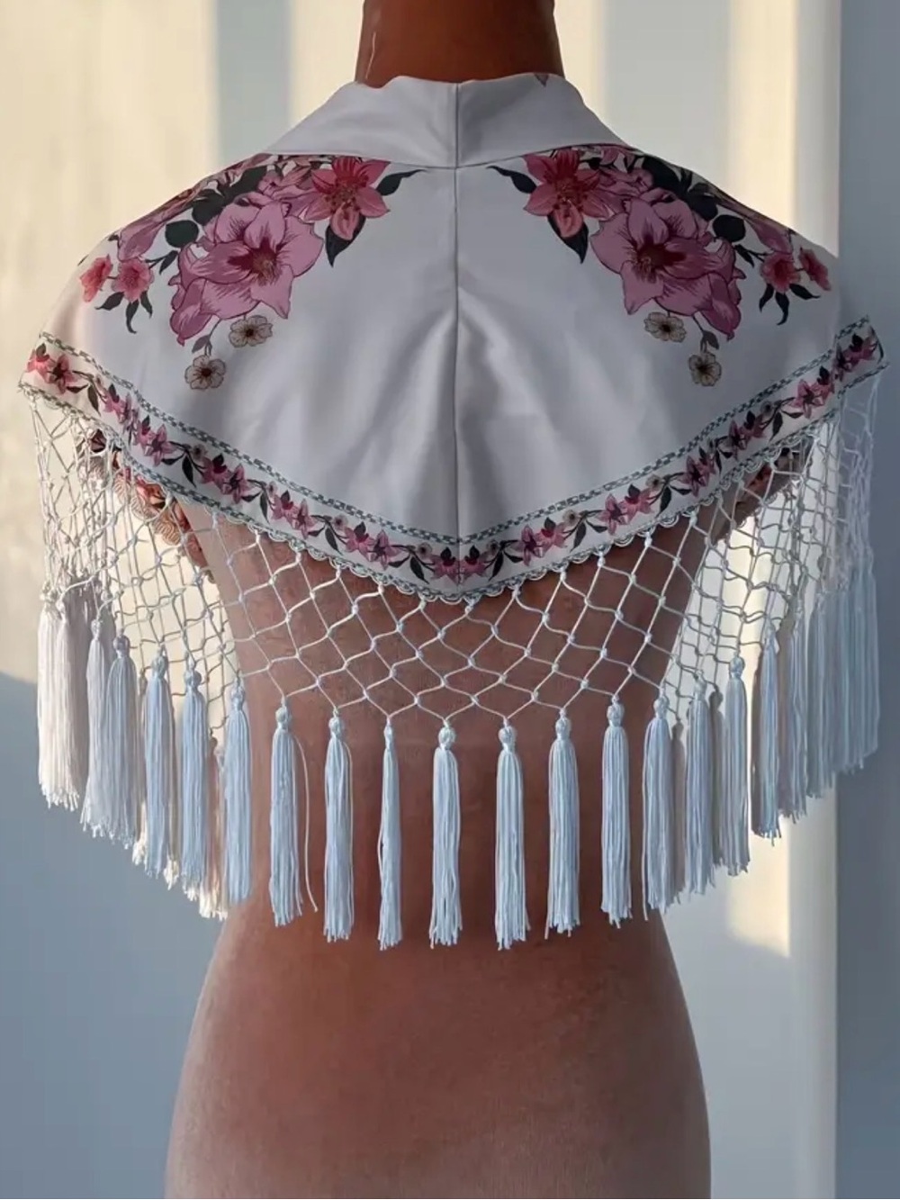 Floral Pink & White Fringe Triangle Scarf Wrap - Picture 7 of 11